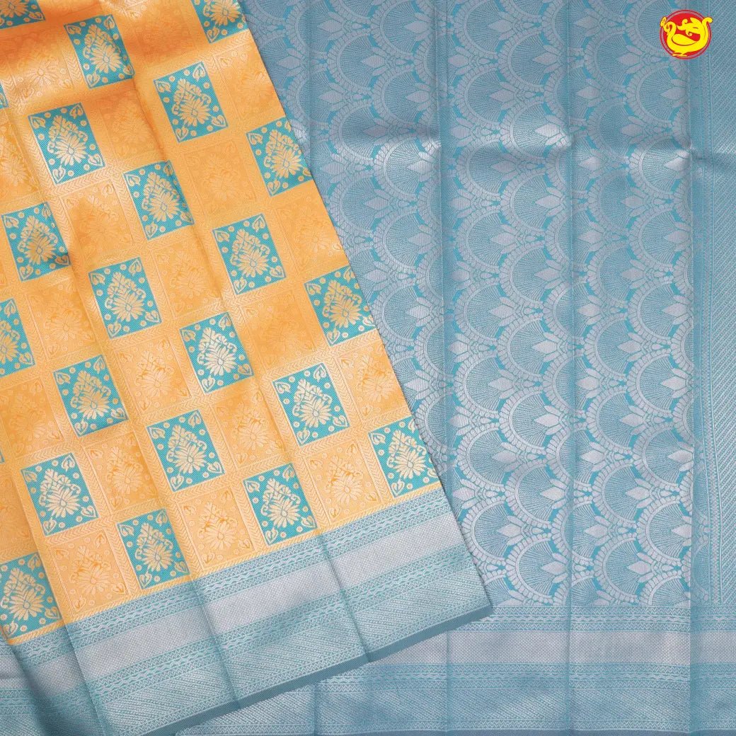 Light Mustard Yellow with Sky Blue Kubera Pattu Saree