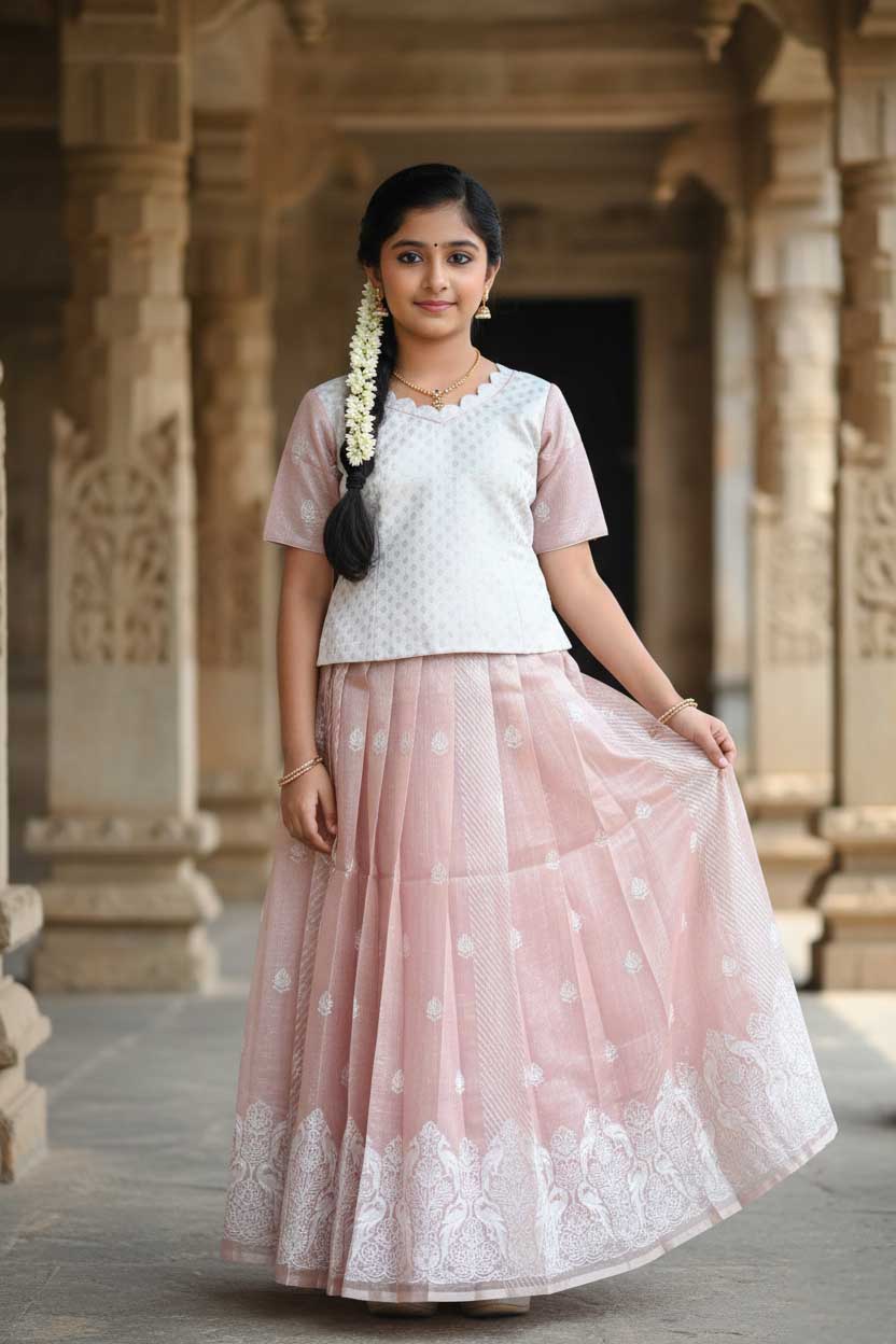 White With  Sage Green  Girls Branded Readymade Pattu Pavadai