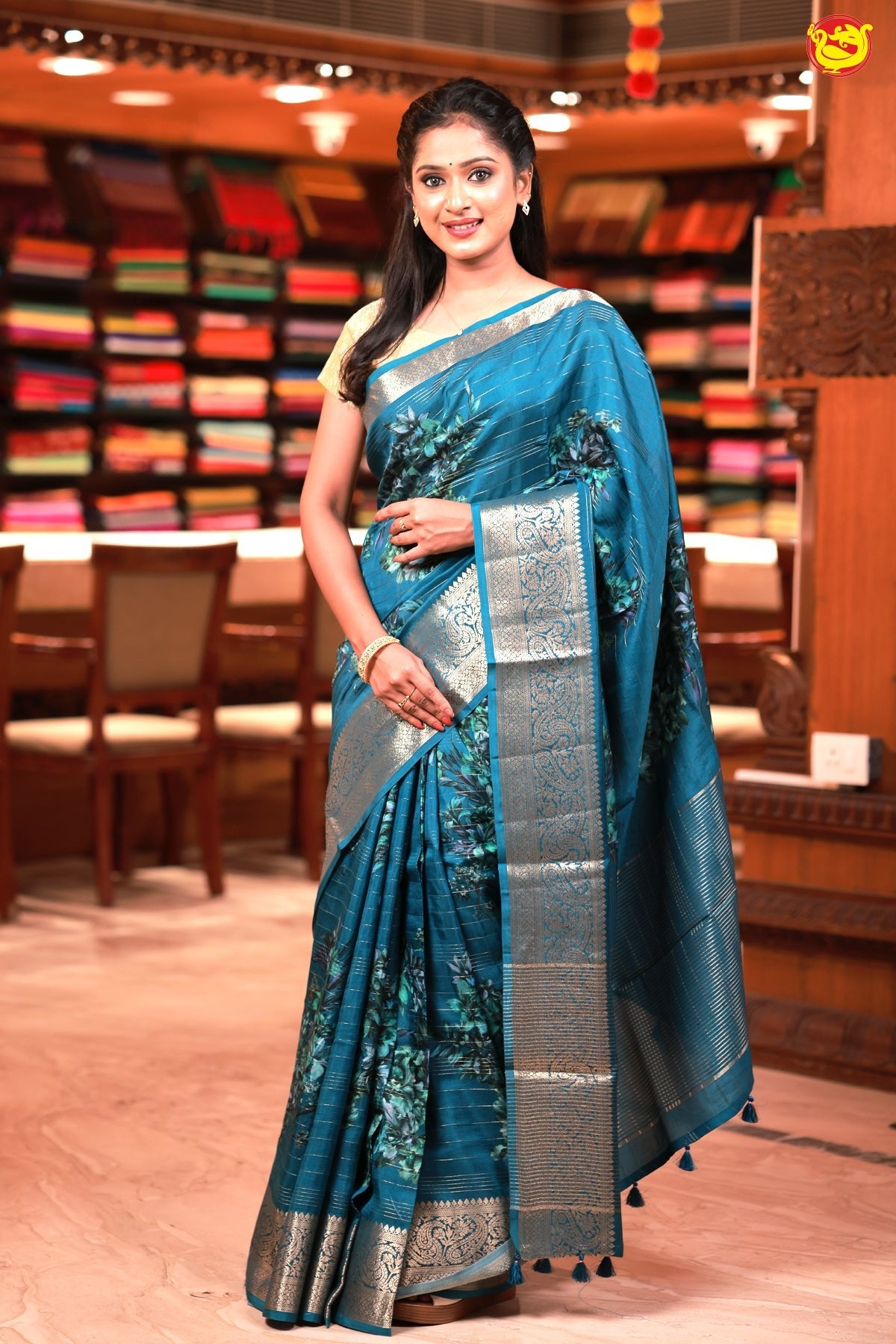 Unique Peacock Blue Russian Silk Saree with Stripes and Digital Art Floral Motifs and Gold Zari Border