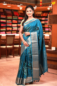 Unique Peacock Blue Pure Chanderi Silk Saree with Stripes and Digital Art Floral Motifs and Gold Zari Border - Thenianantham