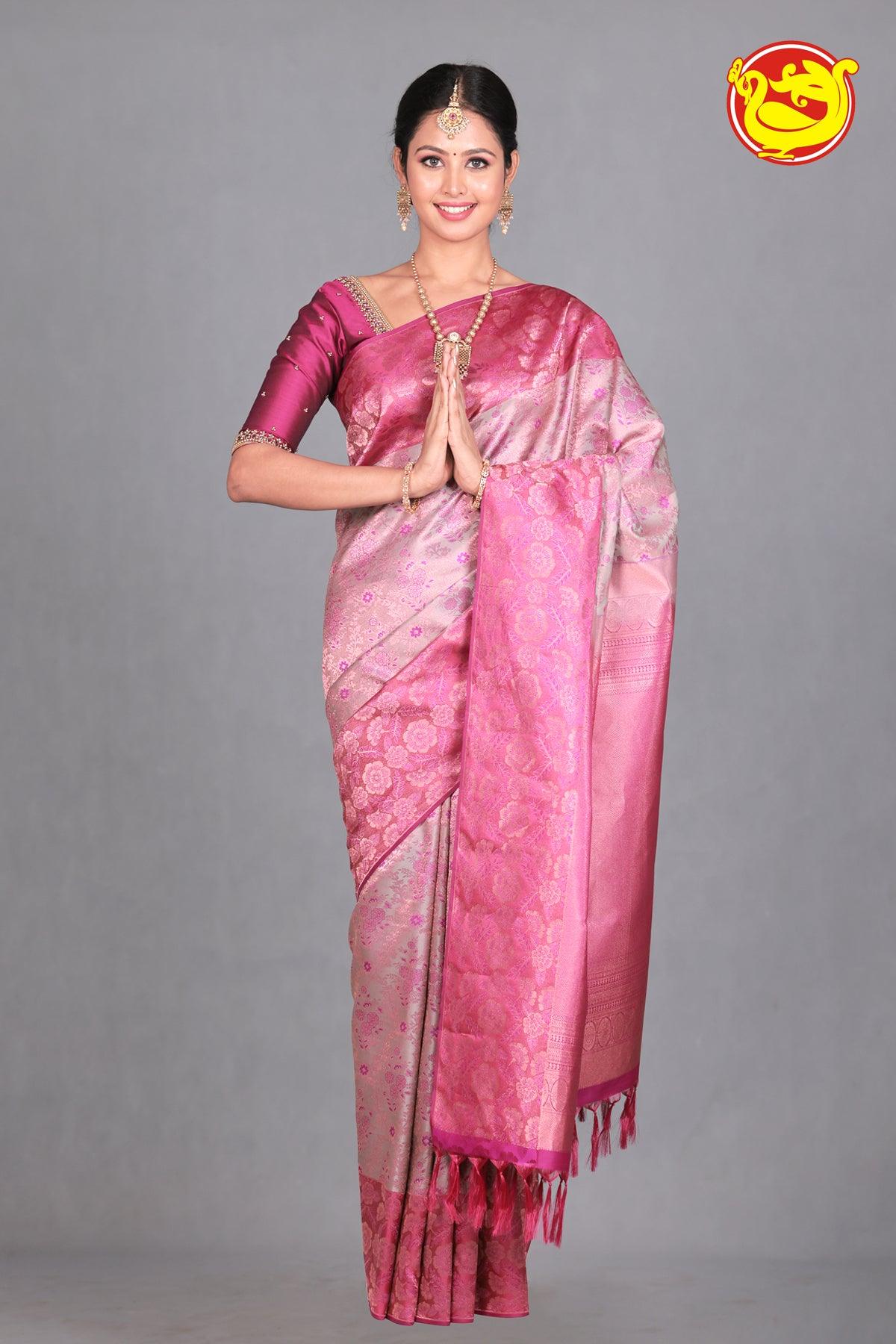 Grey Wedding Silk Saree With Magenta Pallu