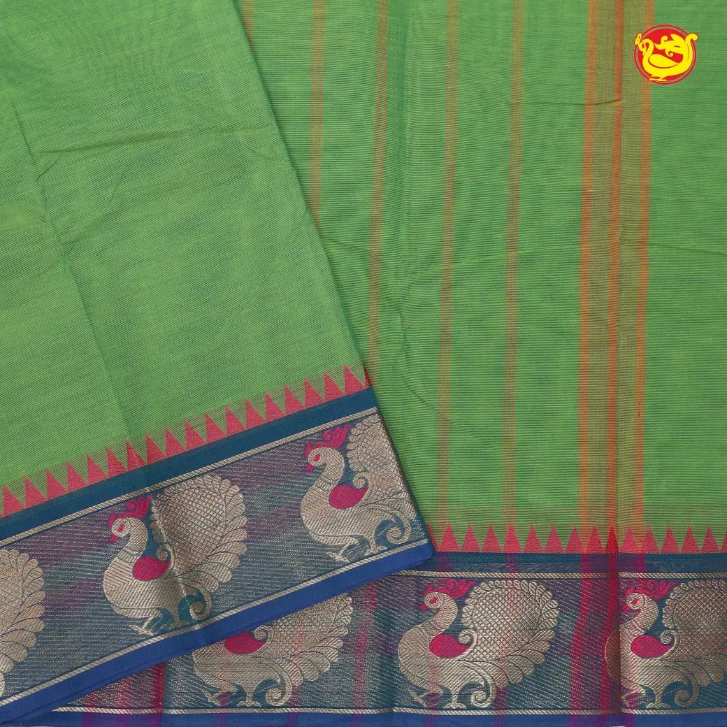 Lime Green with Light Blue Pure Chettinad Cotton Saree  without Blouse