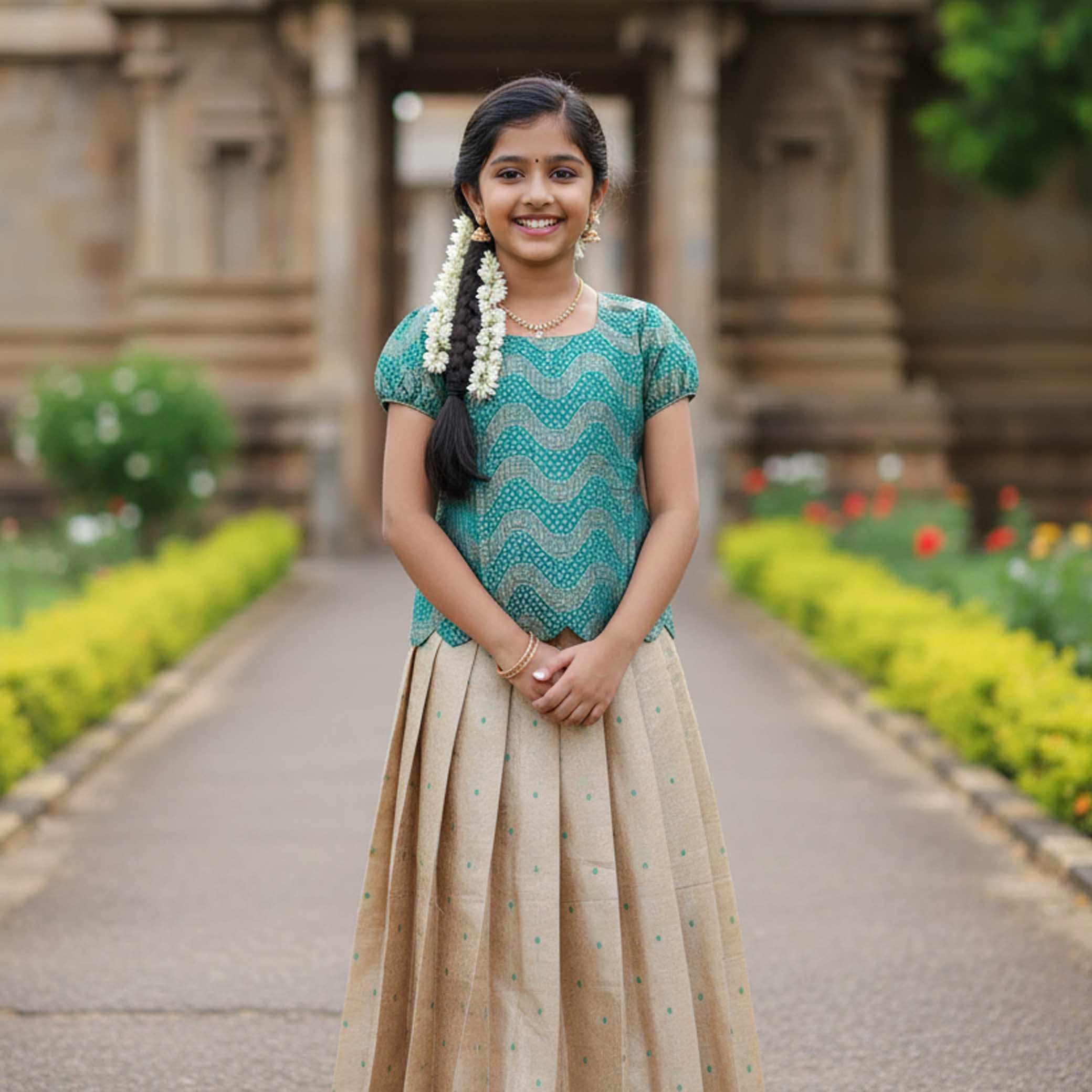 Teal Green With  Sandal  Girls Branded Readymade Pattu Pavadai