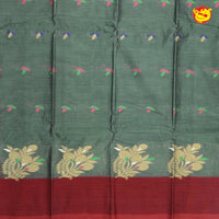 Light Green With Brownish-Red Pure Bengal Cotton Saree without Blouse