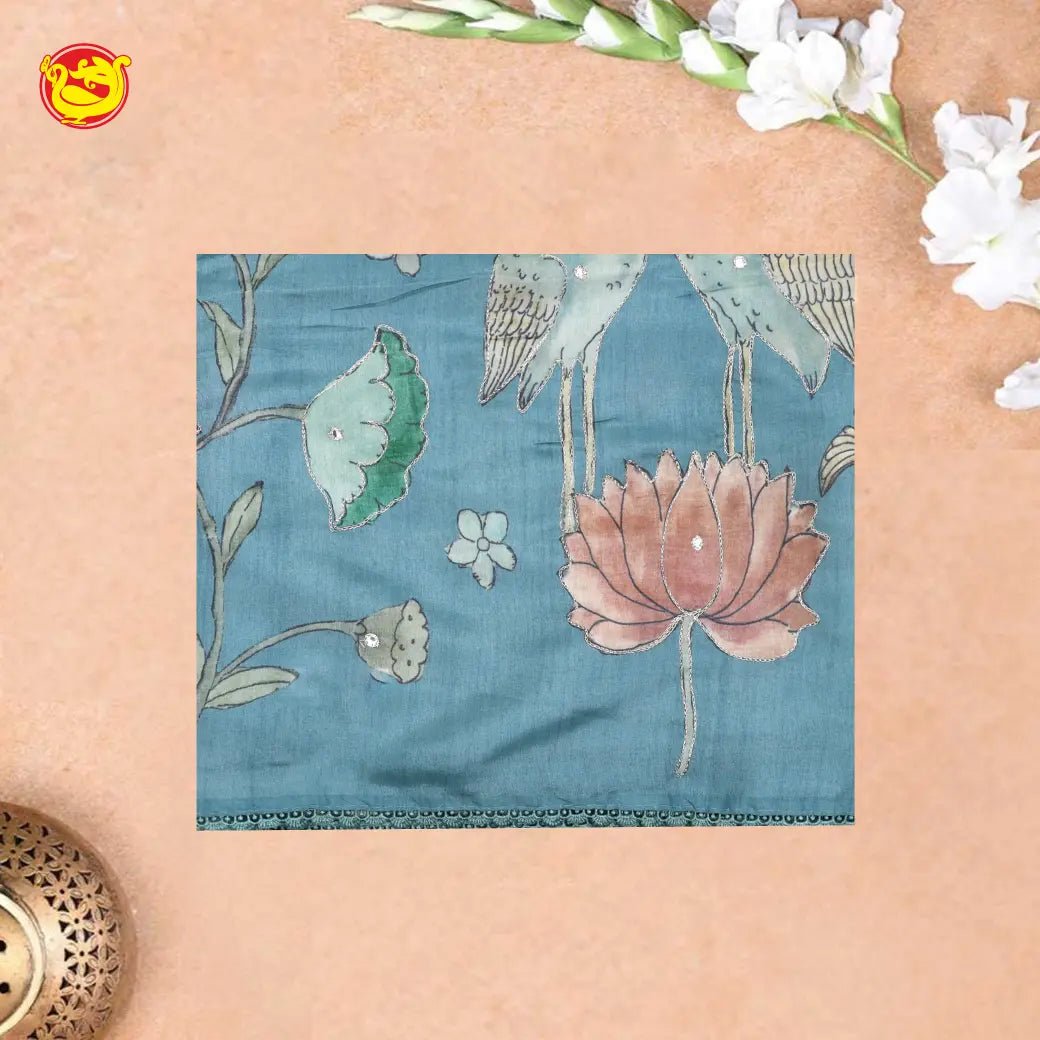 Light blue with Floral Print Raw Silk Saree