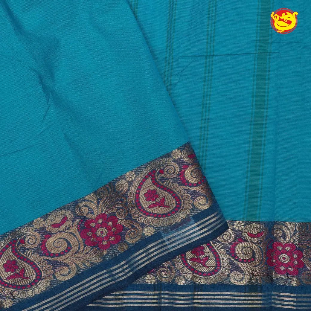 Rama Blue with Blue Pure Chettinad Cotton Saree without Blouse