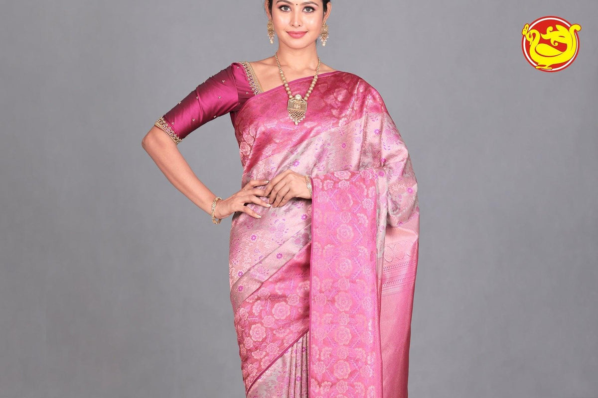 Grey Wedding Silk Saree With Magenta Pallu