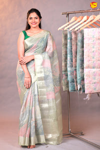 Light Green with Silver Border Tissue Checks With Floral Digital Prints saree