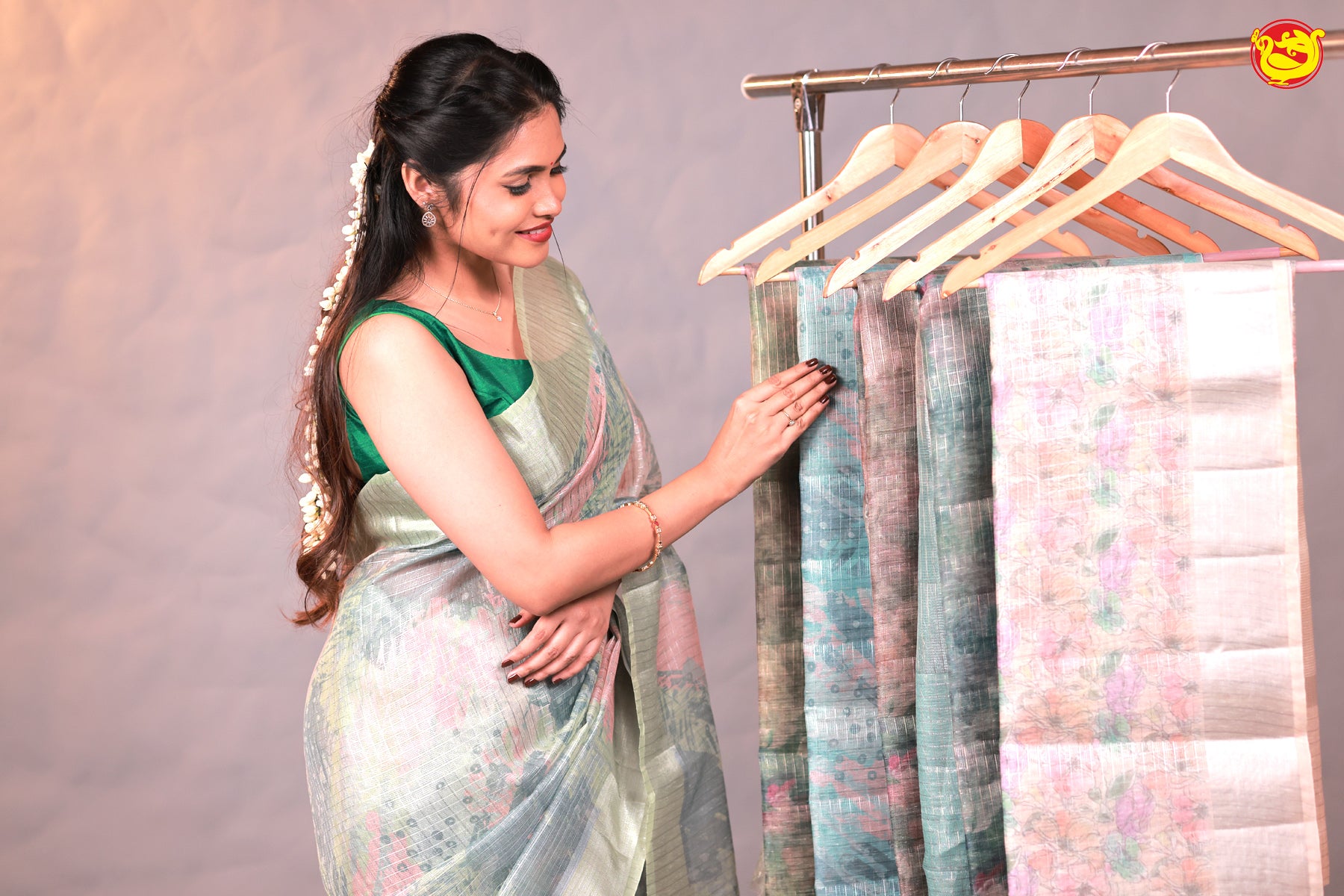 Light Green with Silver Border Tissue Checks With Floral Digital Prints saree