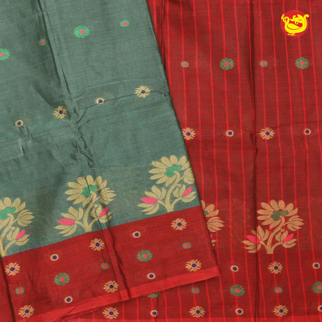 Mint Green with  Red Pure Bengal Cotton Saree without Blouse