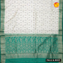 White with Green blue Stripes Design Semi  Raw Silk Saree