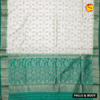 White with Green blue Stripes Design Semi  Raw Silk Saree