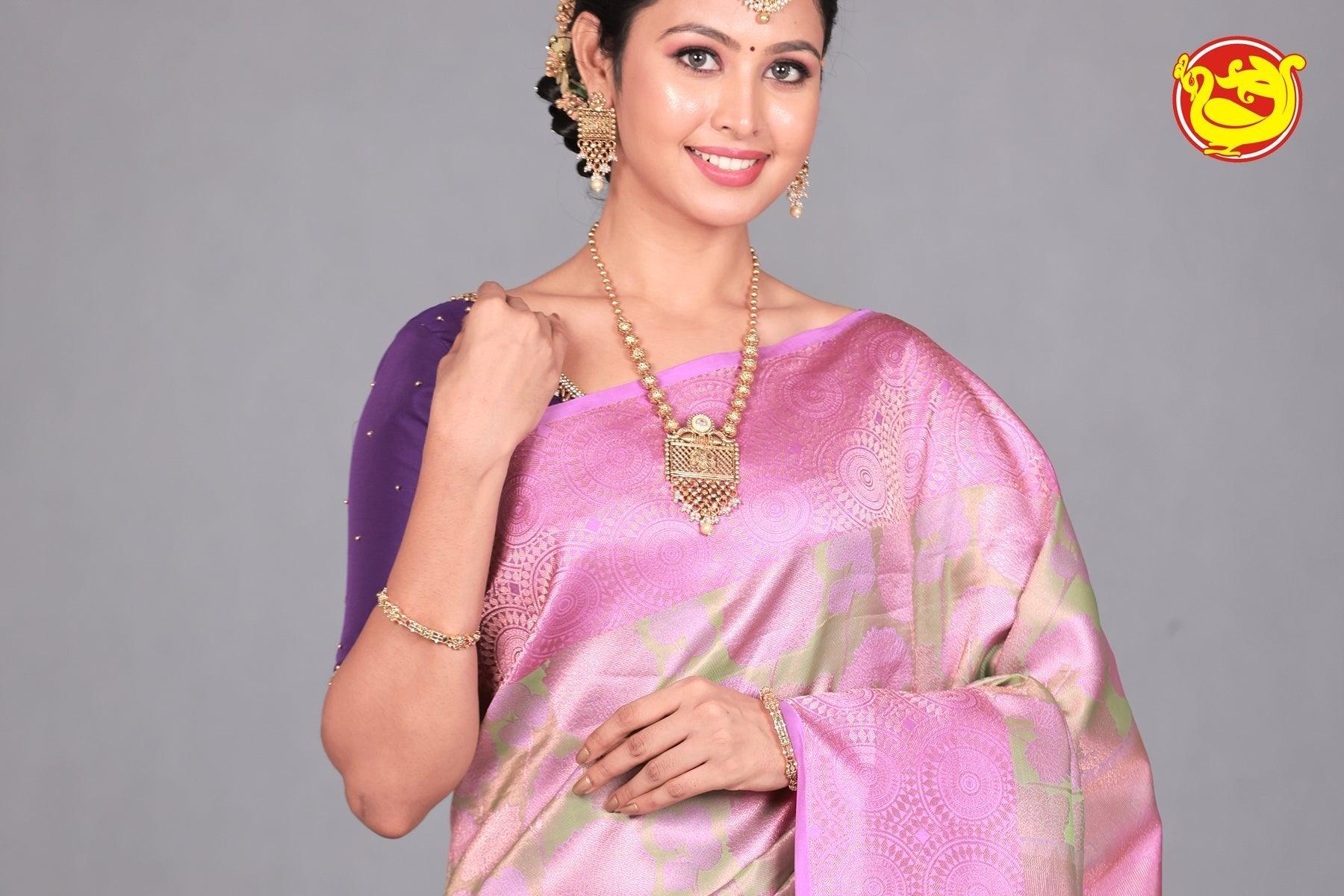 Light Green With Lavender Pallu Wedding Silk Saree - Thenianantham