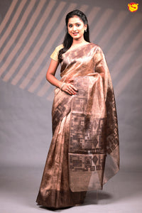 Golden with Copper Border Tissue Crush With Floral Digital Prints Saree