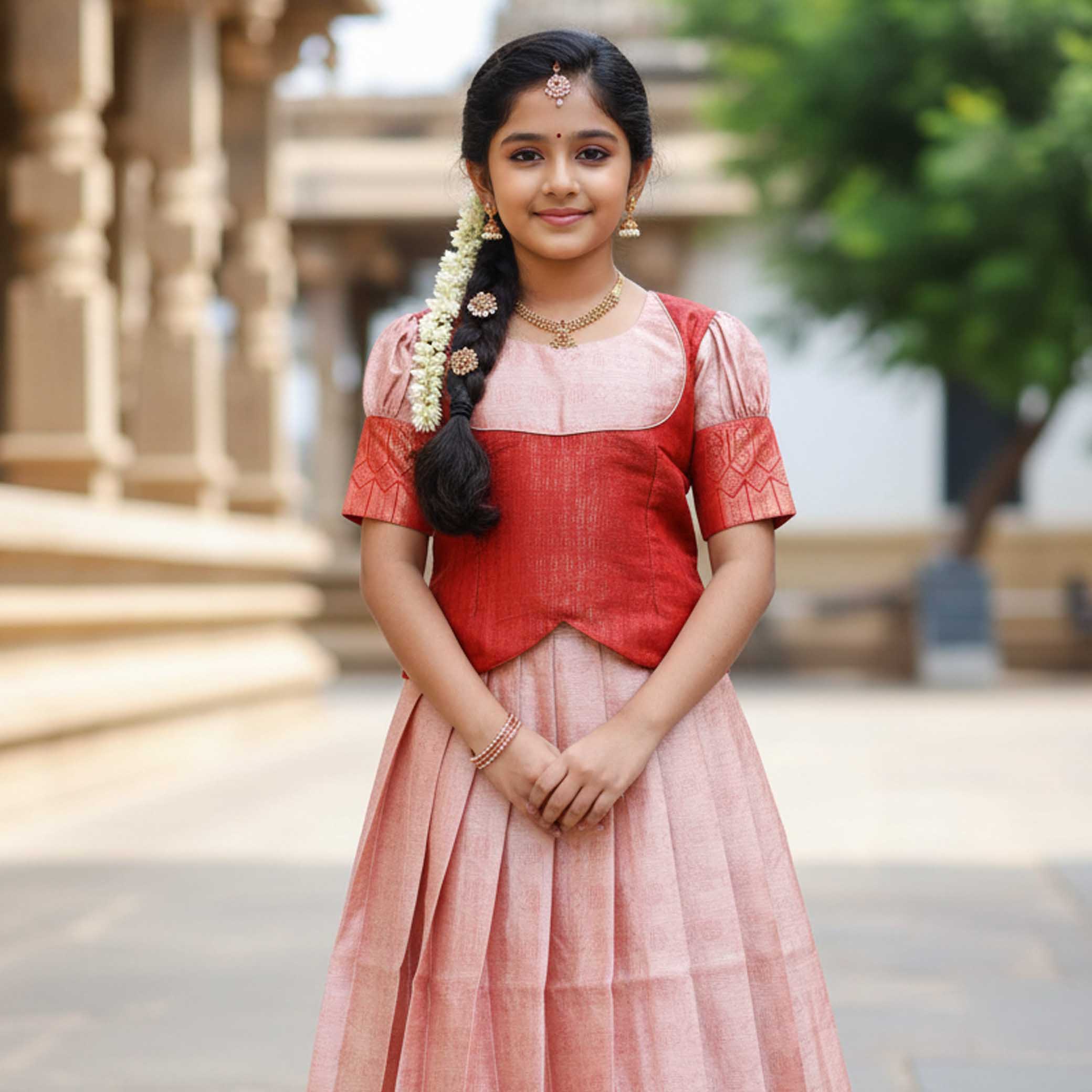 Red With Peach  Girls Branded Readymade Pattu Pavadai