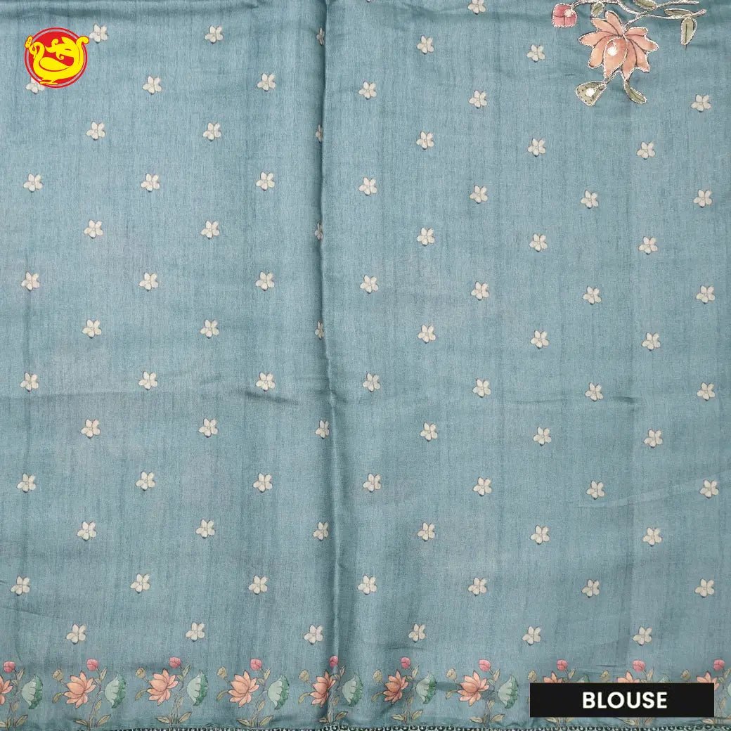 Light blue with Floral Print Raw Silk Saree - Thenianantham