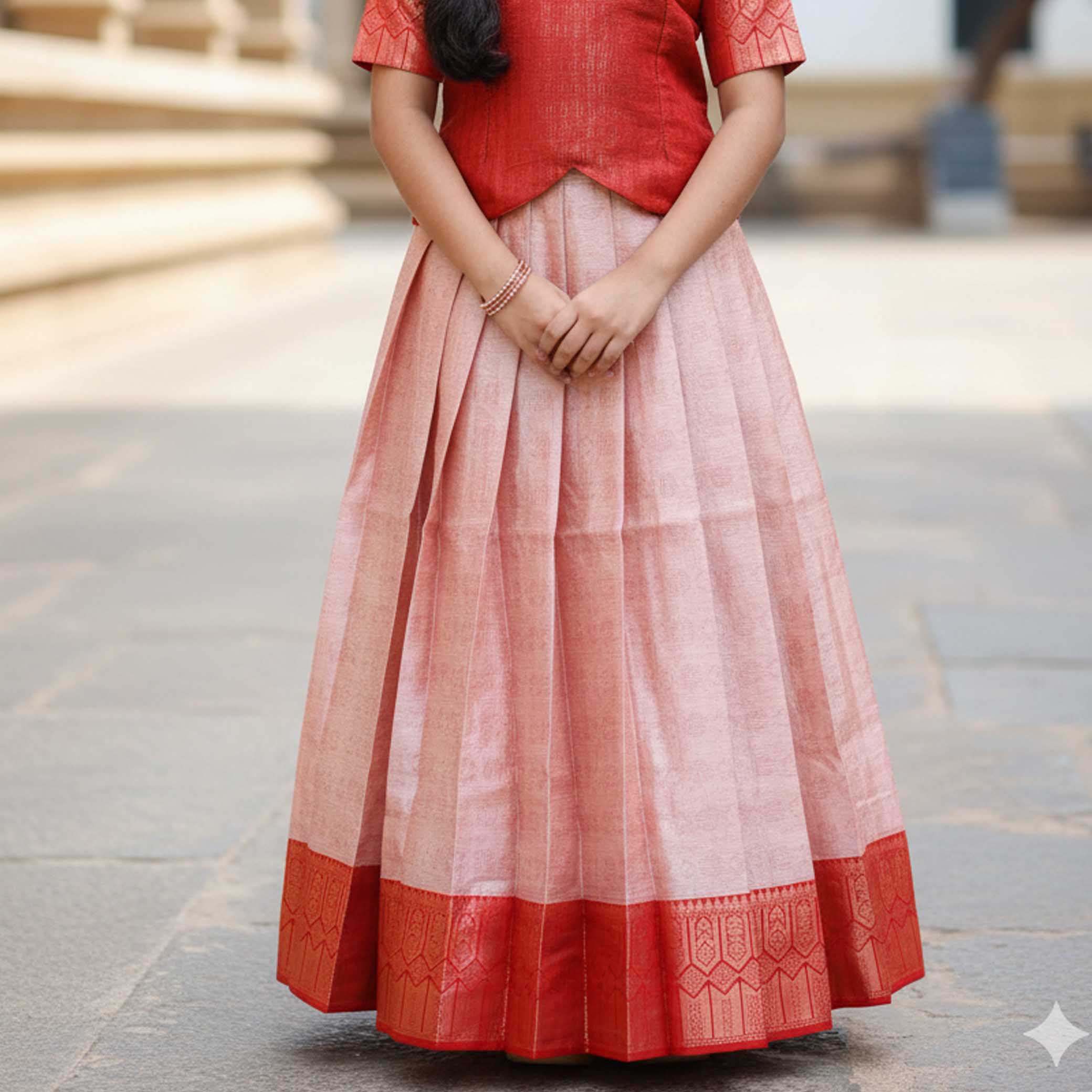 Red With Peach  Girls Branded Readymade Pattu Pavadai