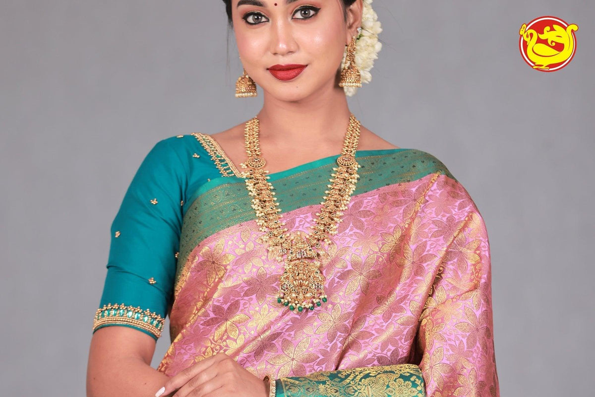 Pink Wedding Silk Saree With Peacock Green Pallu