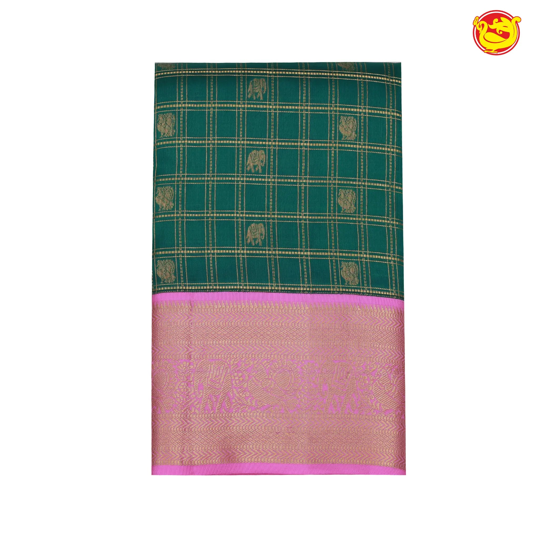 Green with Pink Checked in Peacock venkatagiri Silk Saree