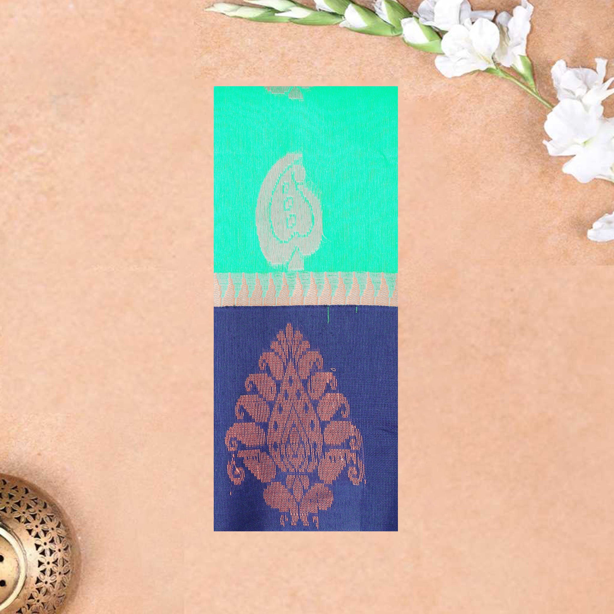 Aqua Green With Navy Blue Border Silk Cotton Saree