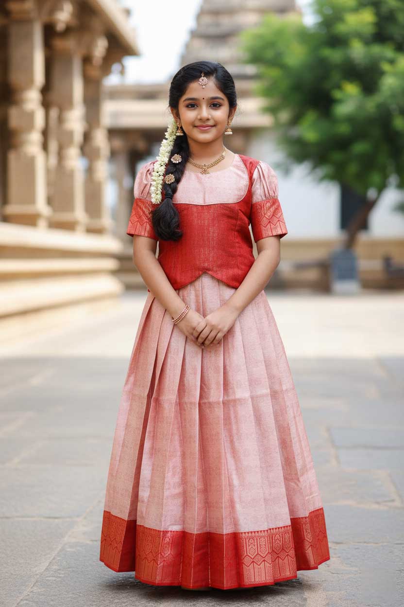 Red With Peach  Girls Branded Readymade Pattu Pavadai