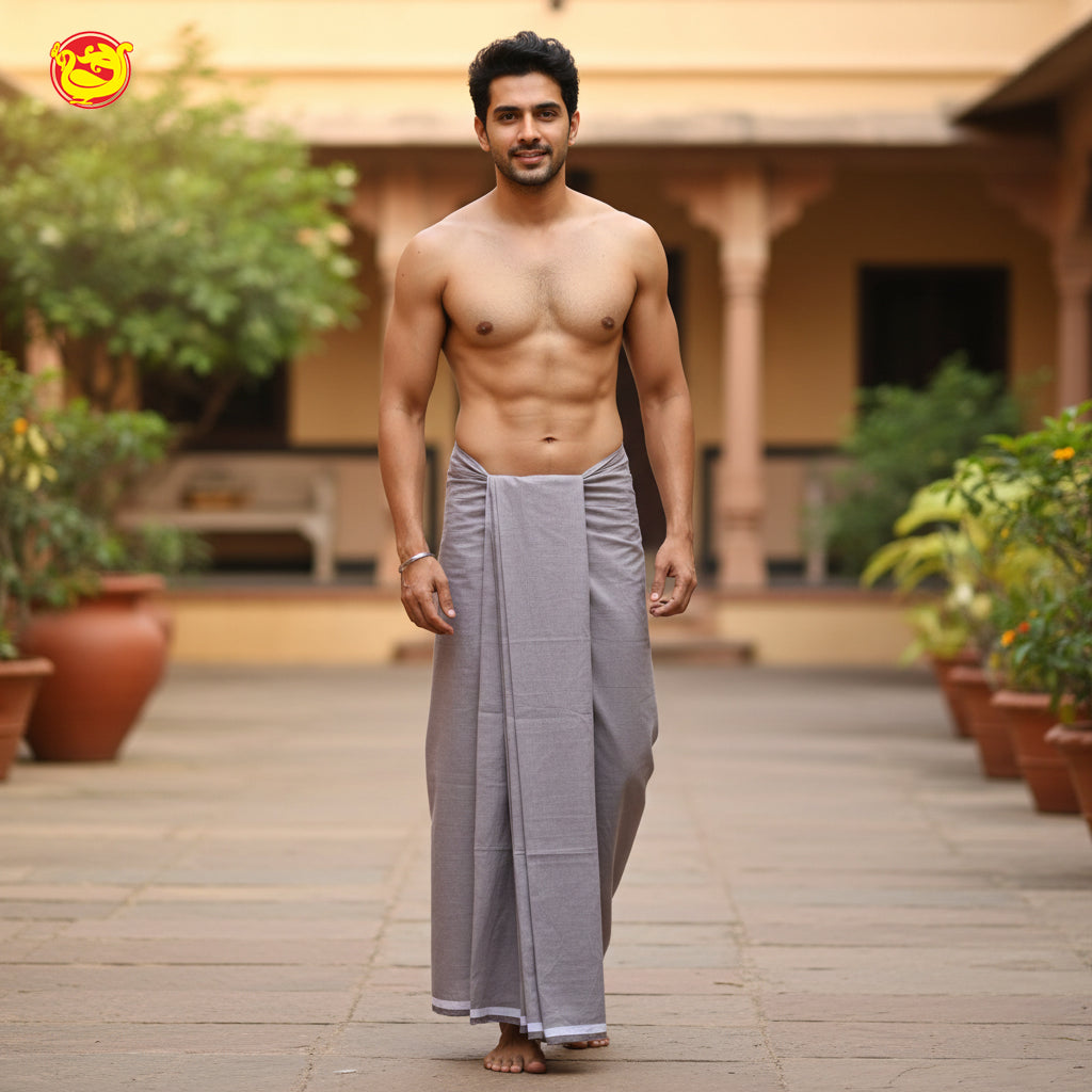 Grey -Men’s Plain Cotton Lungi – Soft & Comfortable