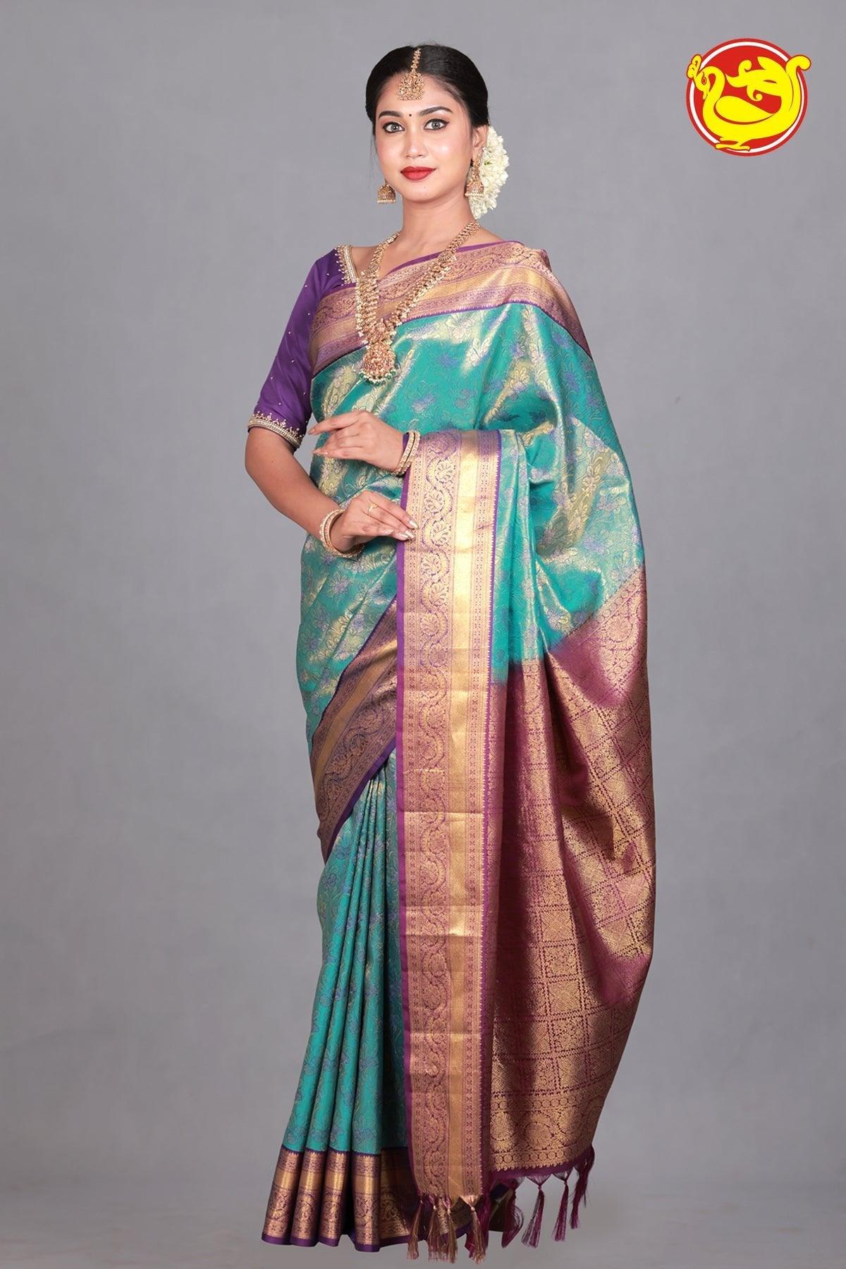 Peacock Blue Wedding Silk Saree With Purple Pallu - Thenianantham