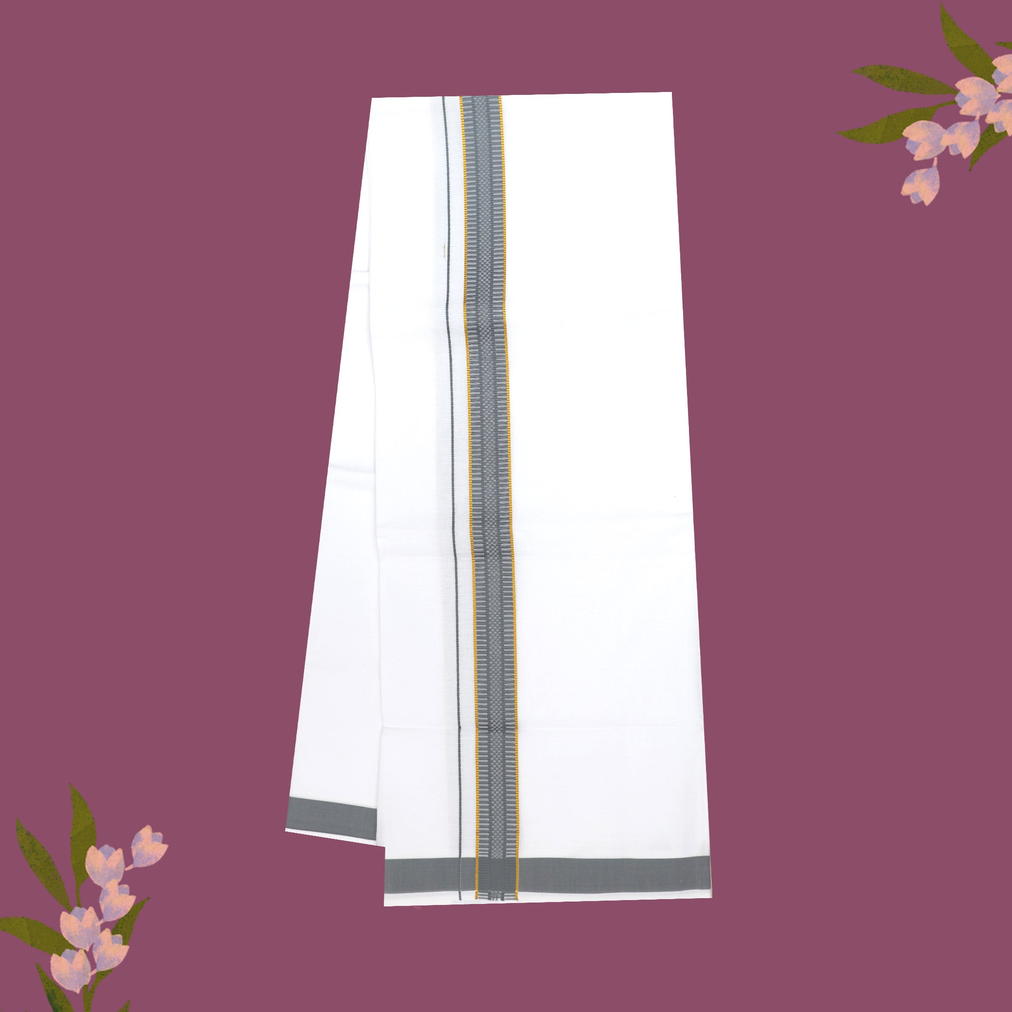 White with Grey - The very thin stripes running alongside it appear to be gold Fancy Border Single Layer Cotton Men’s Dhoti
