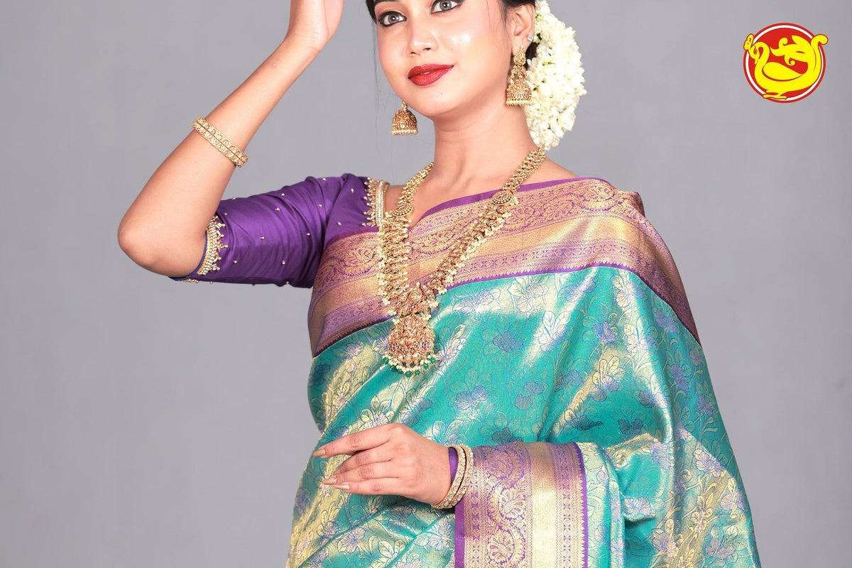 Peacock Blue Wedding Silk Saree With Purple Pallu