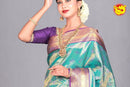 Peacock Blue Wedding Silk Saree With Purple Pallu - Thenianantham