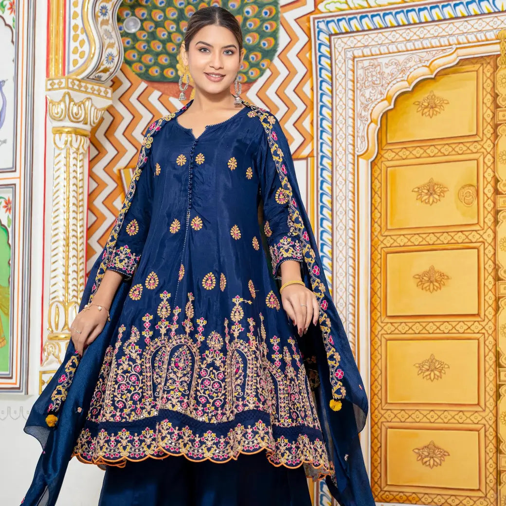 Blue Ladies Branded Readymade Sharara Set