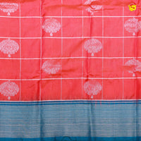 Tomato Red Checked in Buttas Silver Zari Horizontal Line Border Soft Silk Saree - Thenianantham