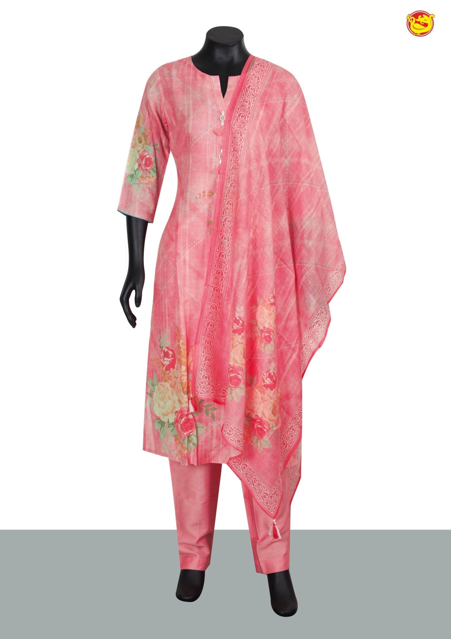 Rose Pink With Floral Digital Print and Handwork Ladies Branded Readymade Straight Cut Chudi Set