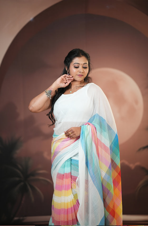 White With Multi Colour Mul Mul Cotton Sarees