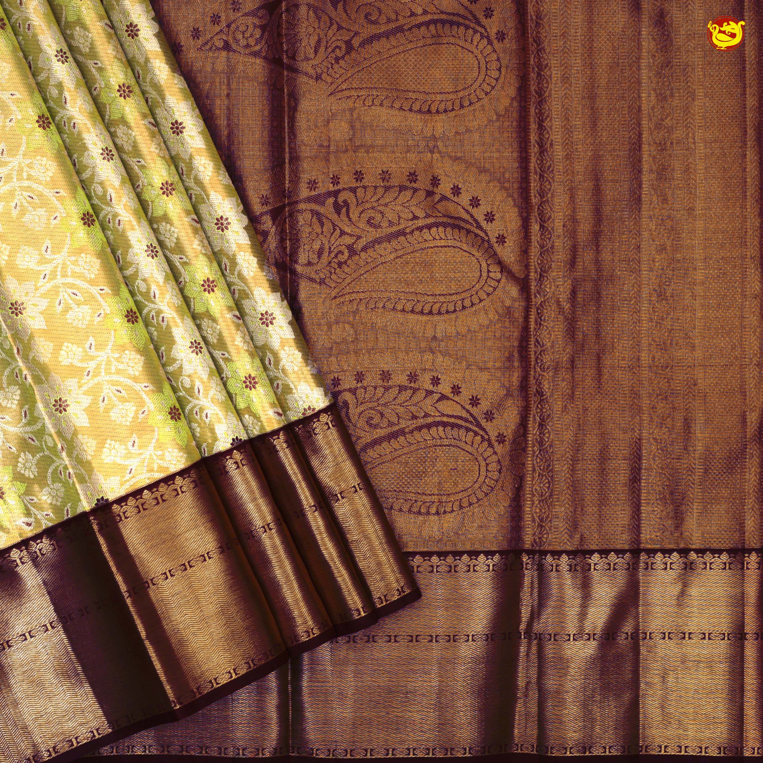 Golden Tissue and Dark Purple Border With Floral Design Pure Kanjivaram Subhalaya Wedding Silk Saree