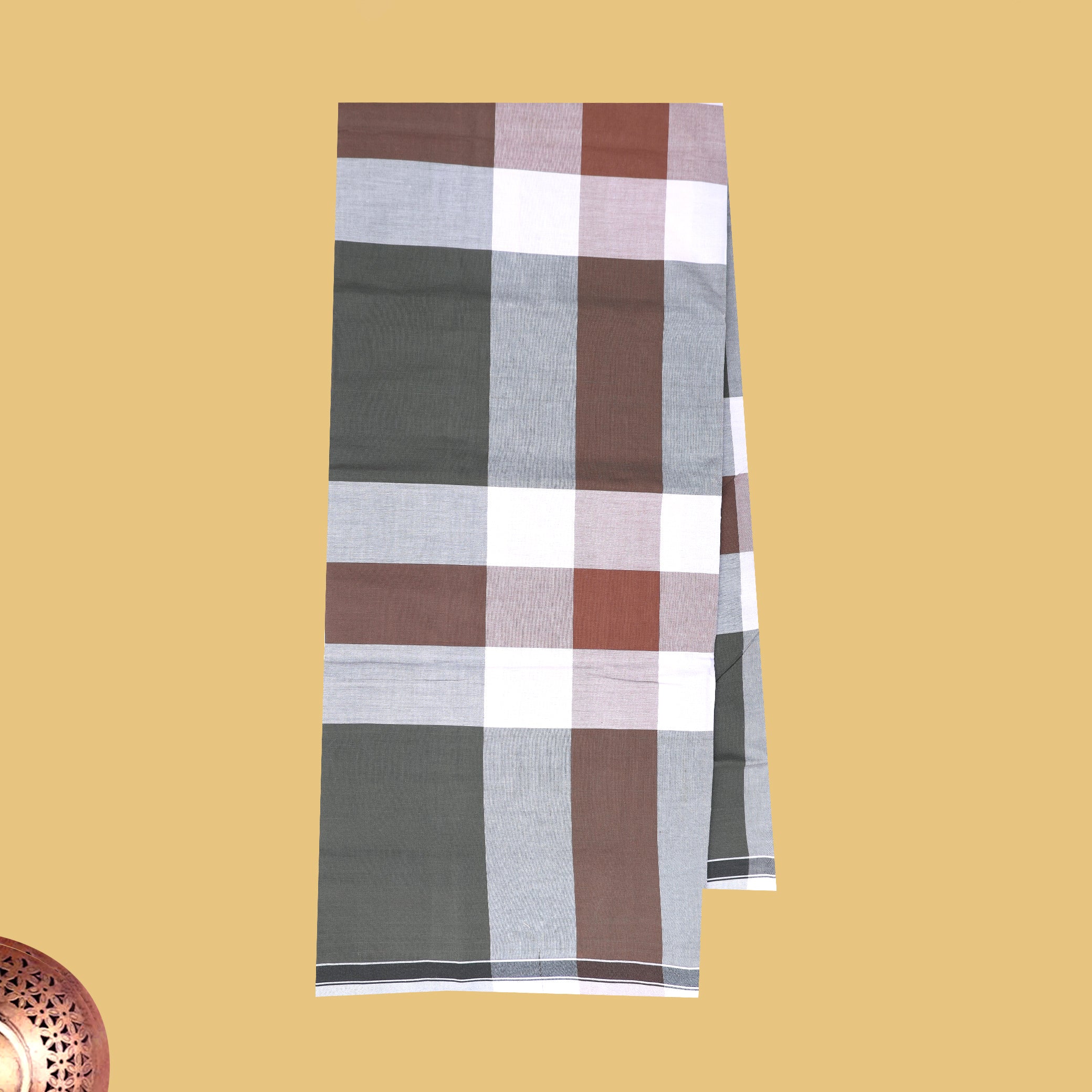 Men’s  White with Grey Checked Cotton Stitched Lungi