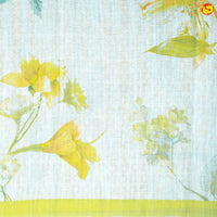 Light Yellow With Half White Floral Digital Print Linen Cotton Saree - Thenianantham