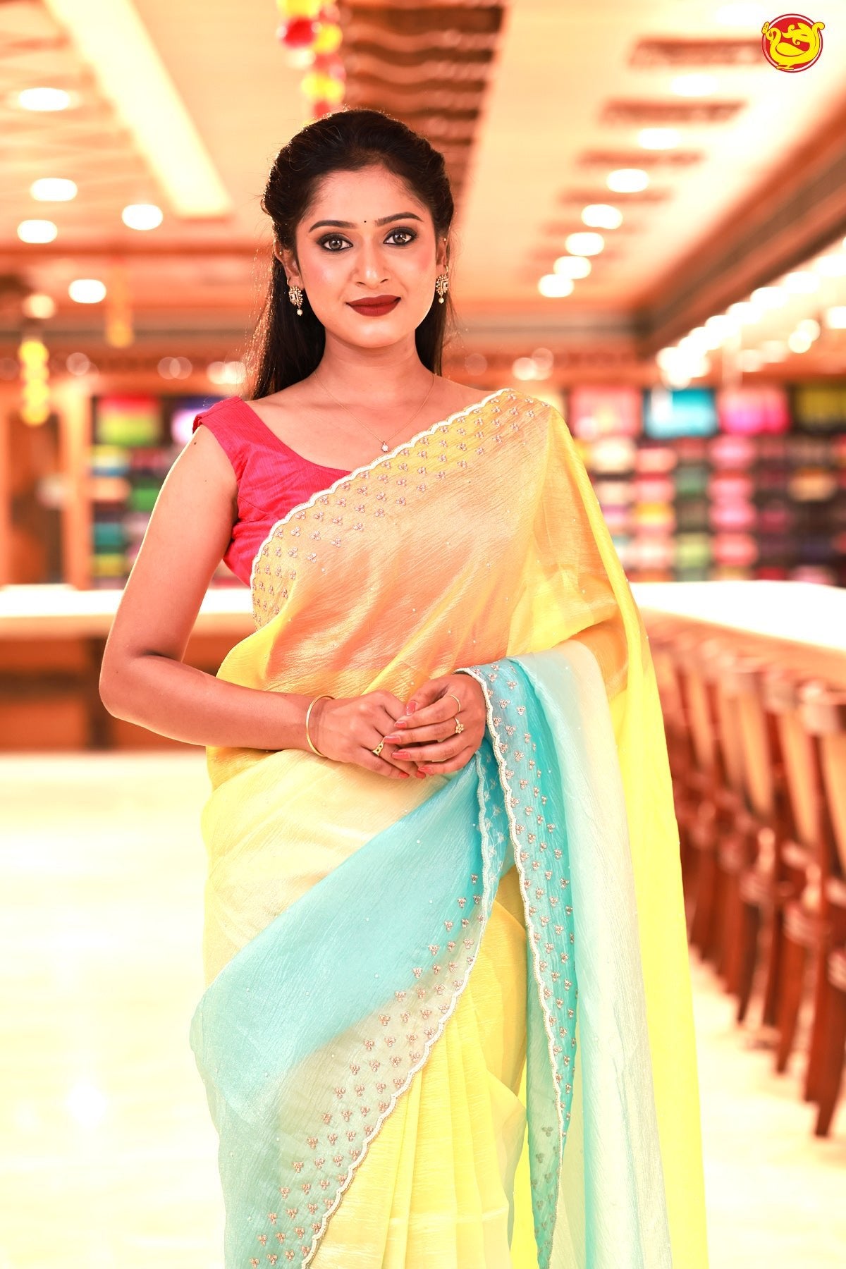 Sea Blue With Yellow Shimmer Saree In Beads And Zardosi On The Pallu Border