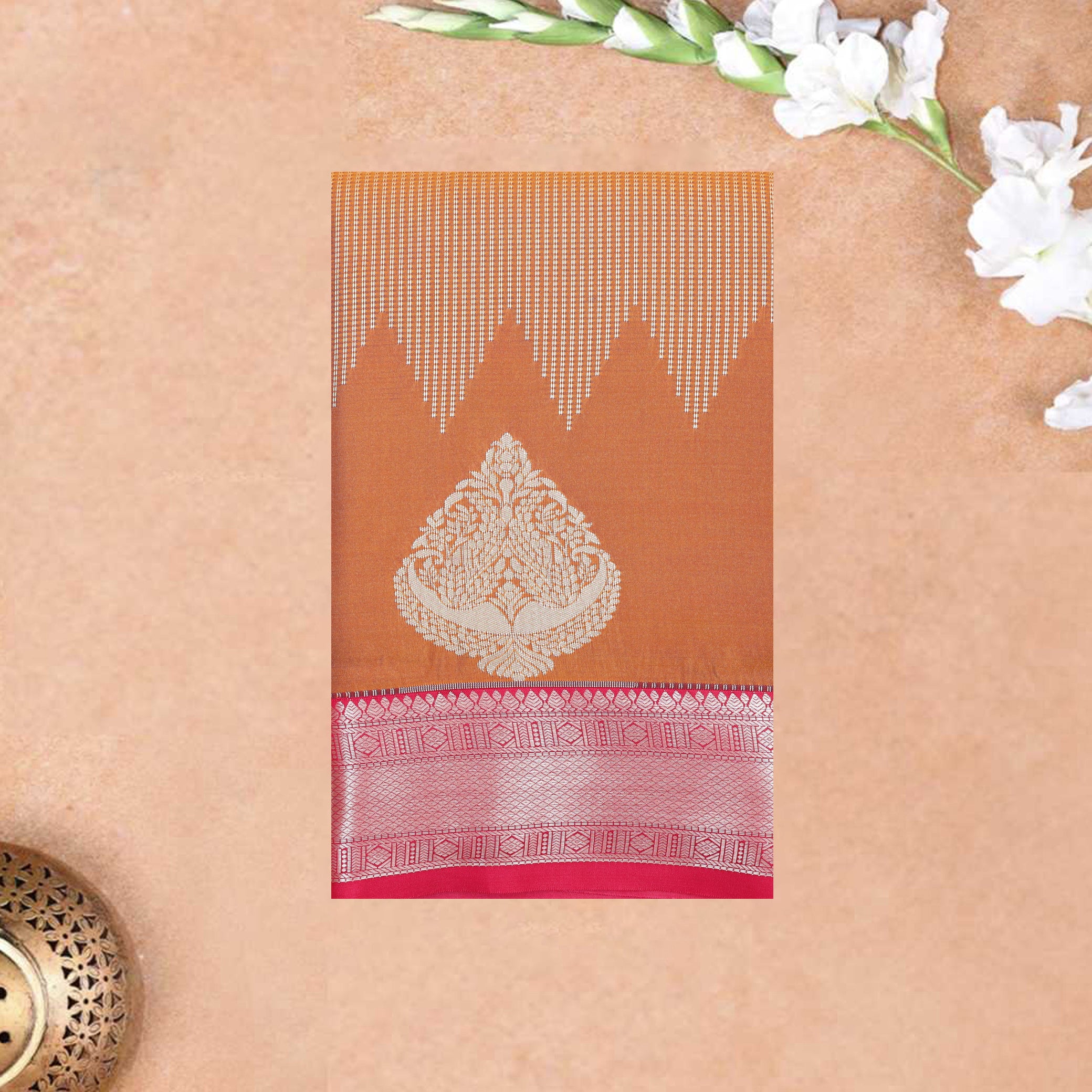 Rust Orange with Magenta Pink Border Floral Motifs Soft Silk Saree