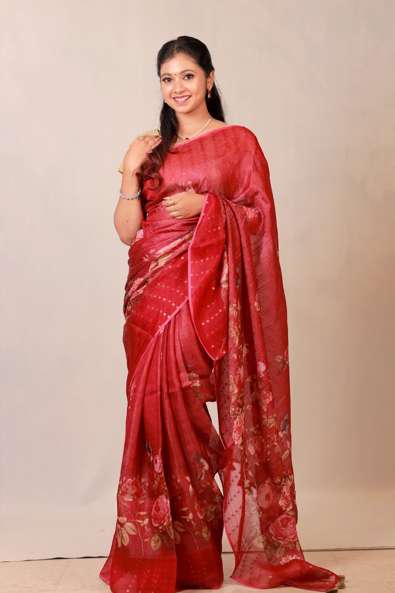 Beetroot Pink Muslin silk saree with sequence weaving and floral digital prints