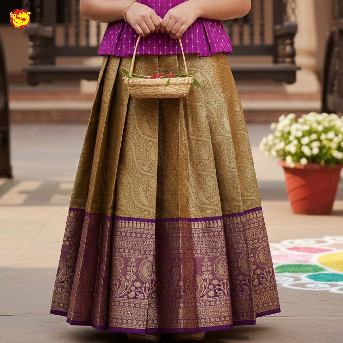 Purple With Mustard Yellow Girls Branded Readymade Pattu Pavadai