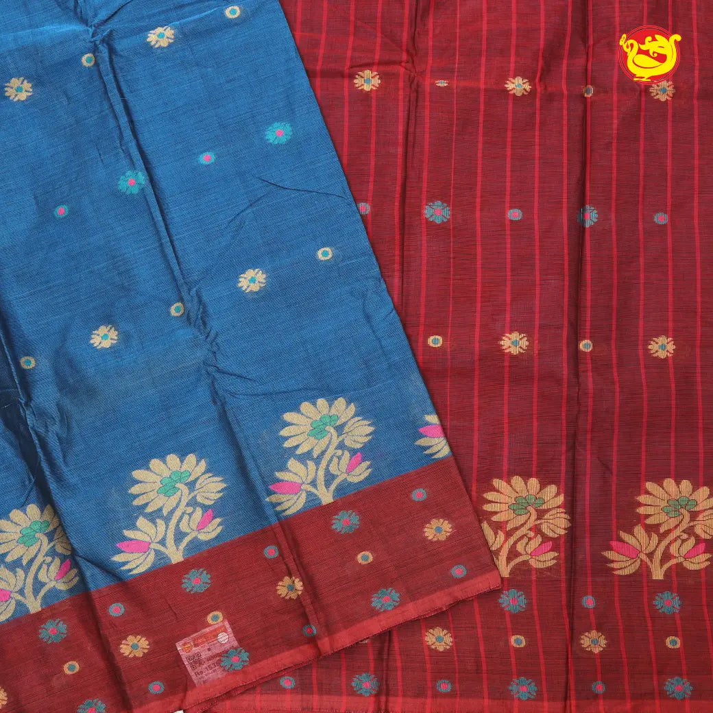 Light Blue with Maroon Pure Bengal Cotton Saree without Blouse