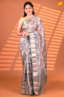 Bluish Grey with Gold Zari Border Tissue With Digital Prints saree