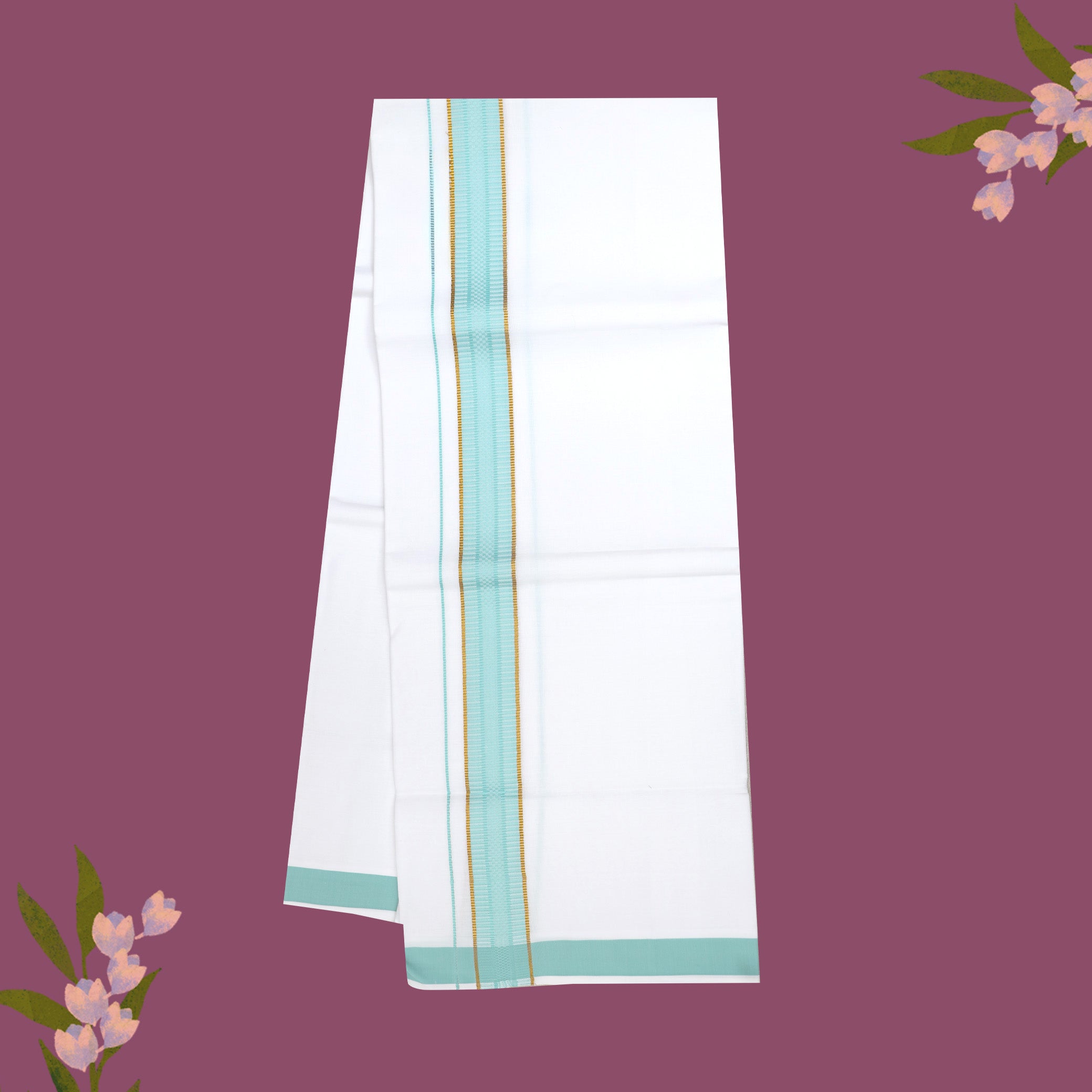 White with Turquoise - The very thin stripes running alongside it appear to be gold Fancy Border Single Layer Cotton Men’s Dhoti