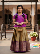 Purple With Mustard Yellow Girls Branded Readymade Pattu Pavadai