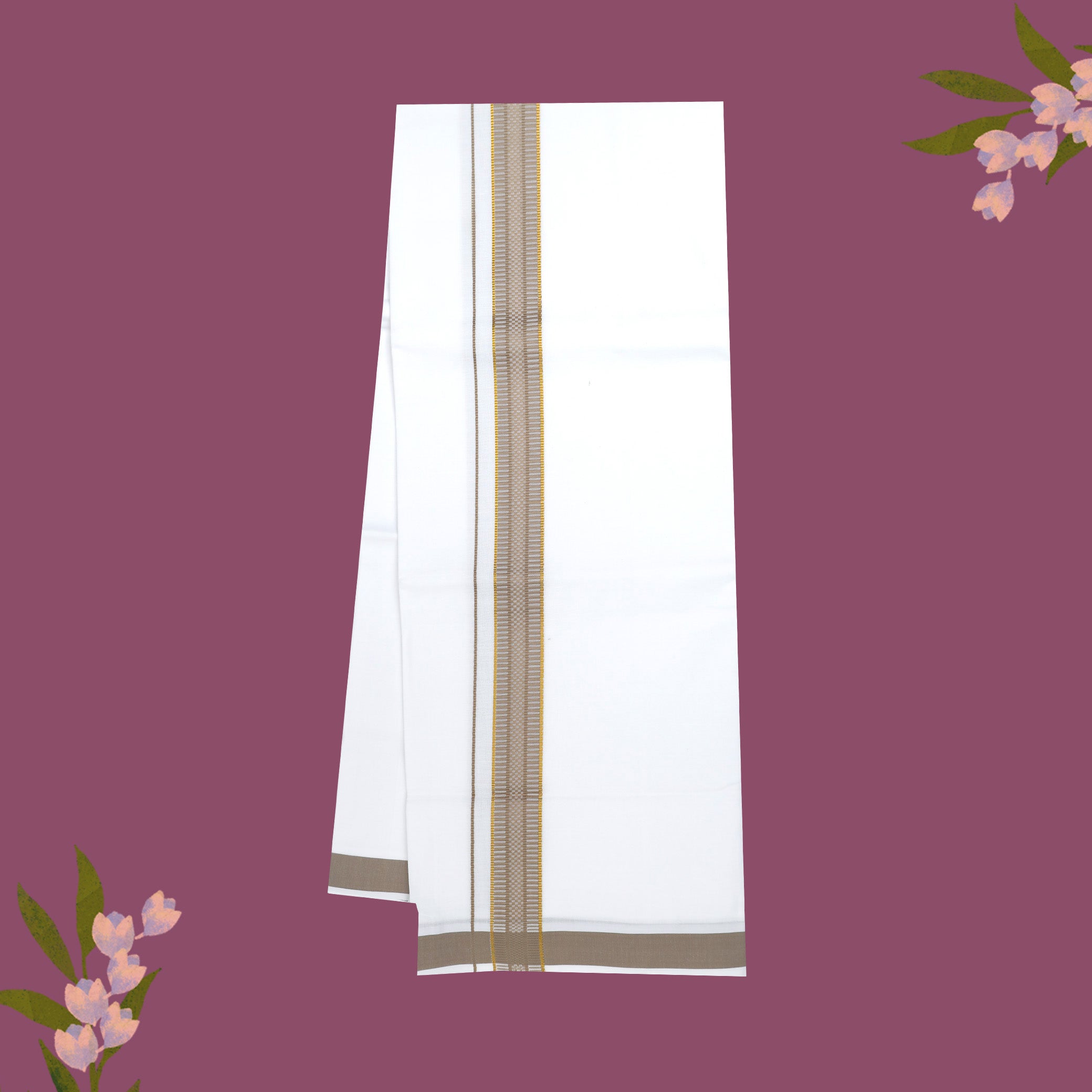 White with Grey - The very thin stripes running alongside it appear to be gold Fancy Border Single Layer Cotton Men’s Dhoti