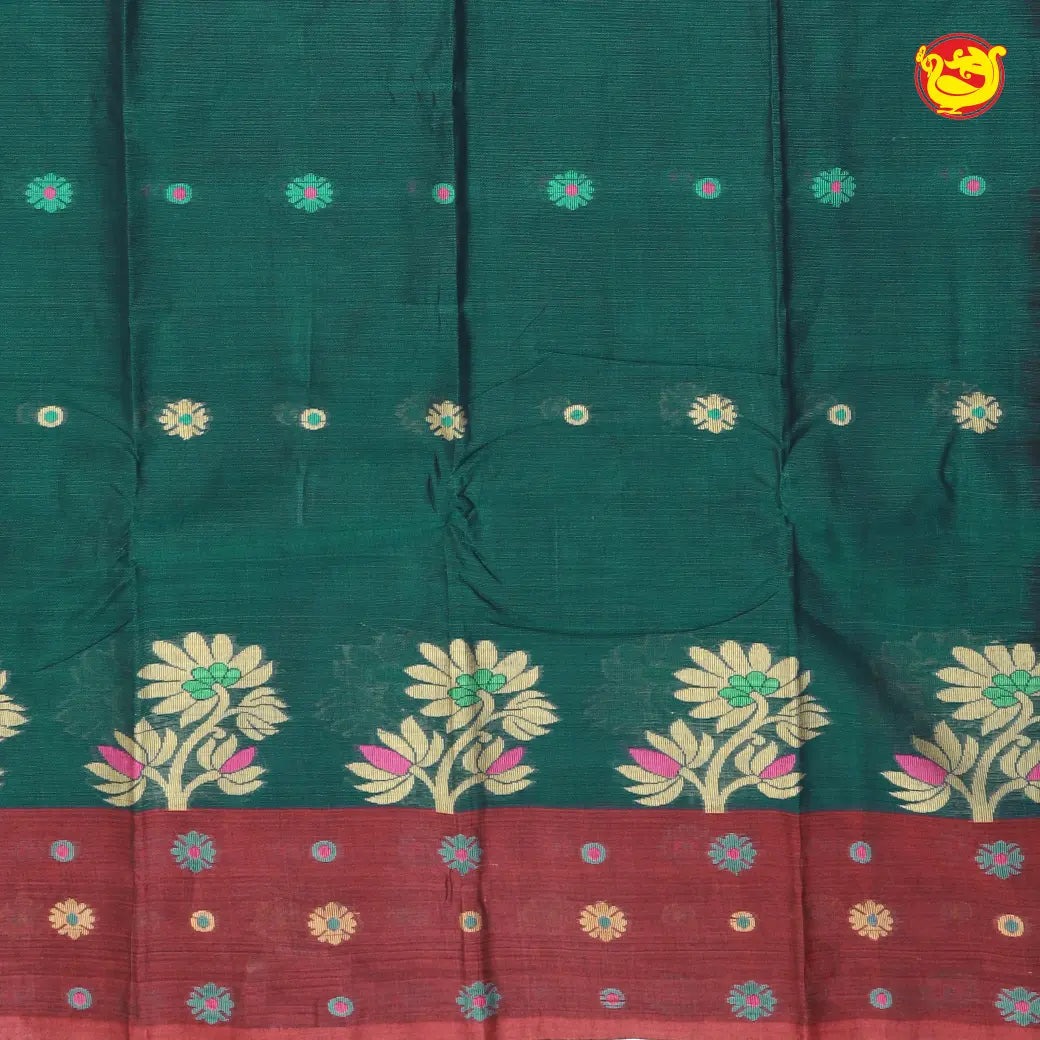 Bottle Green with Maroon Pure Bengal Cotton Saree without Blouse