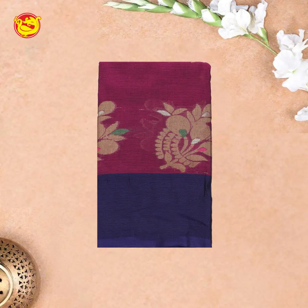 Purple with Blue Pure Bengal Cotton Saree without Blouse