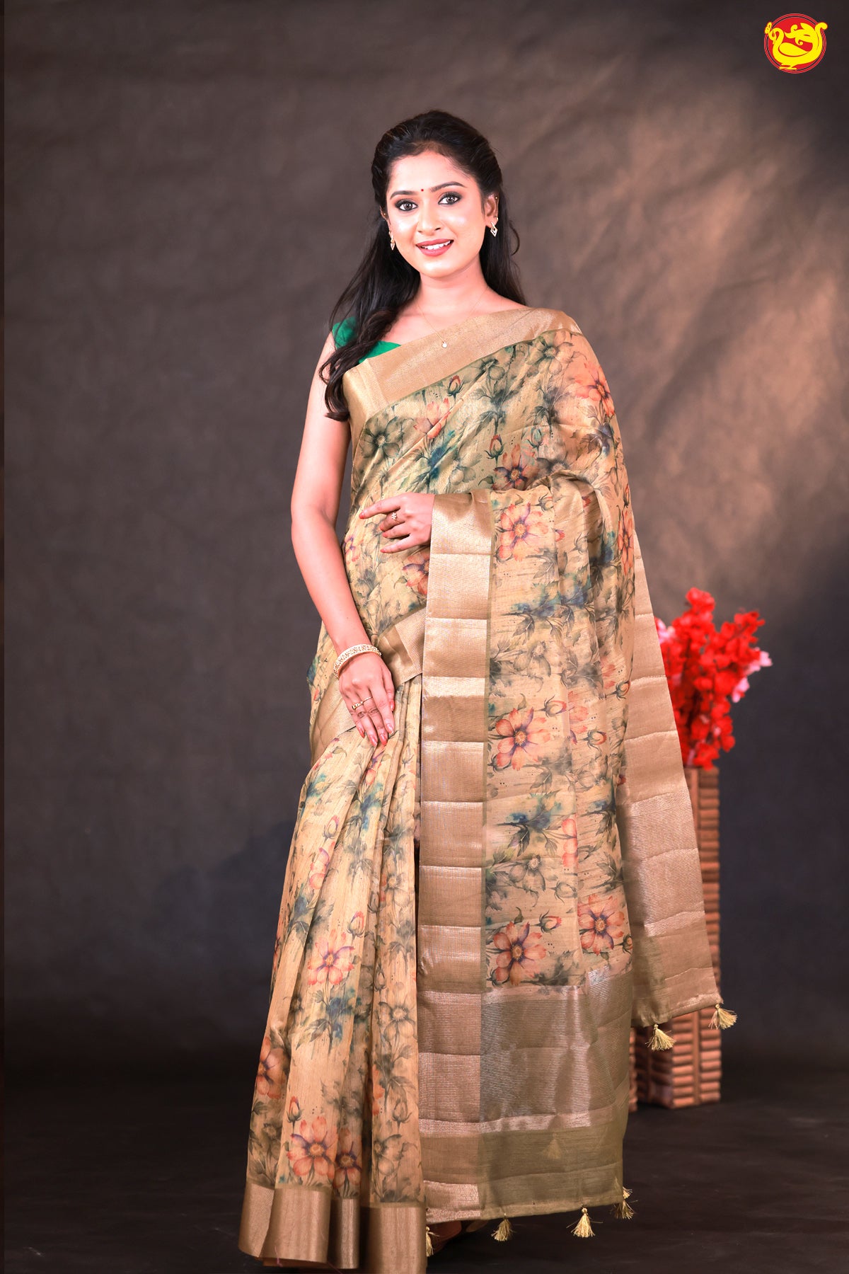 Dark Olive Green With Gold Border Tussar Silk With Floral Digital Prints saree