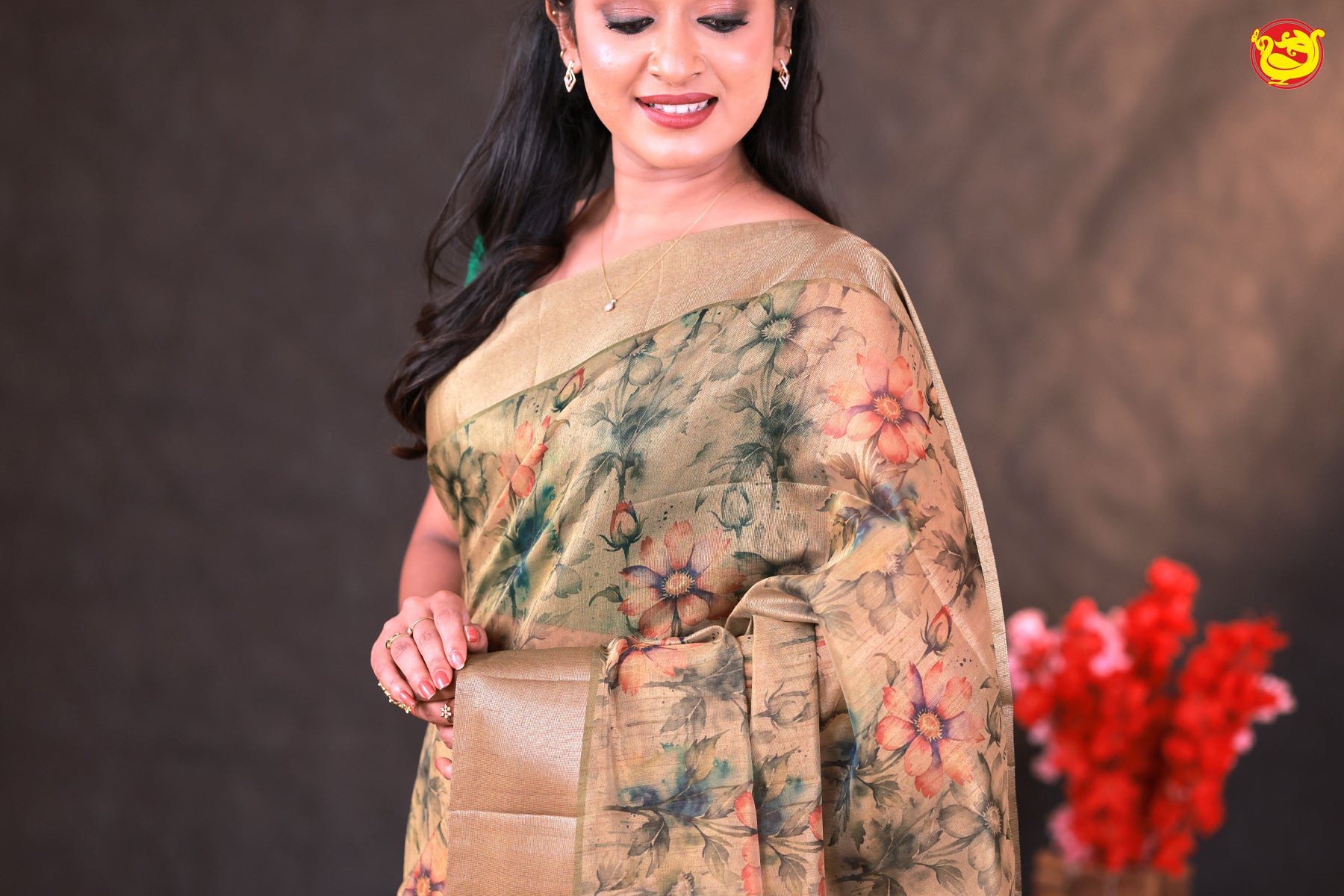 Dark Olive Green With Gold Border Tussar Silk With Floral Digital Prints saree